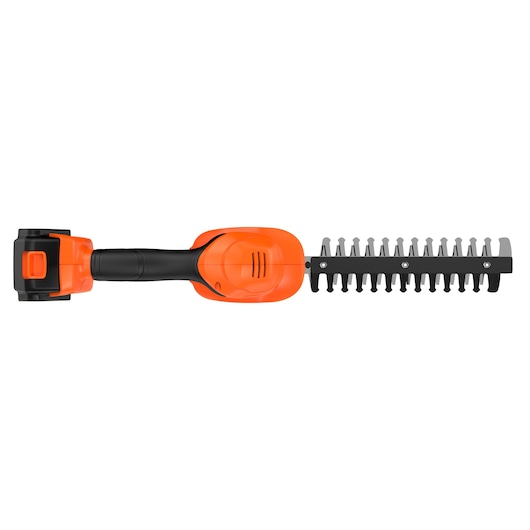 BLACKDECKER BCSS18D1 cordless hedge trimmer, orange and black, top view, garden tool