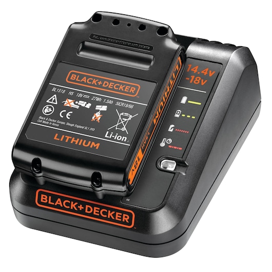 A BLACK+DECKER lithium-ion battery and charger for 14.4V to 18V tools, showing the battery mounted on the charger, with product labels and indicator lights visible.