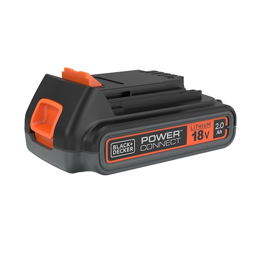 A BLACK+DECKER Power Connect lithium battery pack, 18V 2.0Ah, shown with black and orange accents. The battery is designed for use with compatible BLACK+DECKER tools.