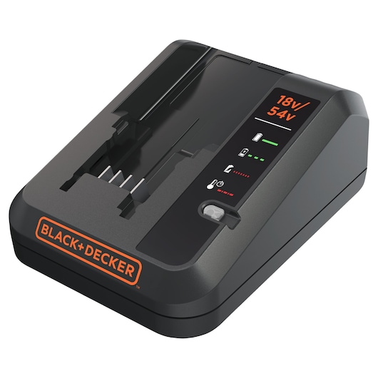 A BLACK+DECKER battery charger for 18V and 54V batteries, featuring LED indicators and a slot for battery insertion. The charger has a sleek black design and the BLACK+DECKER logo on the front.