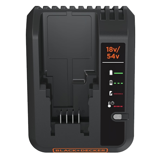 BLACK+DECKER battery charger for 18V and 54V batteries, featuring visual status indicators for battery charge, error, and temperature. The charger is mostly black with orange and white labeling.