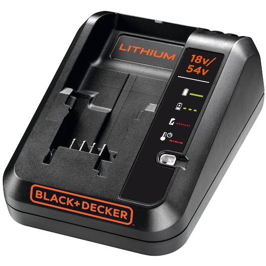 A BLACK+DECKER battery charger, compatible with 18V and 54V batteries. The device features indicator lights for battery status and operation, and has a slot for inserting the battery.