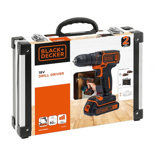 BLACK+DECKER BDCDC18BAFC 18V drill driver kit in black and orange with carry case, illustrated on packaging, front angle.