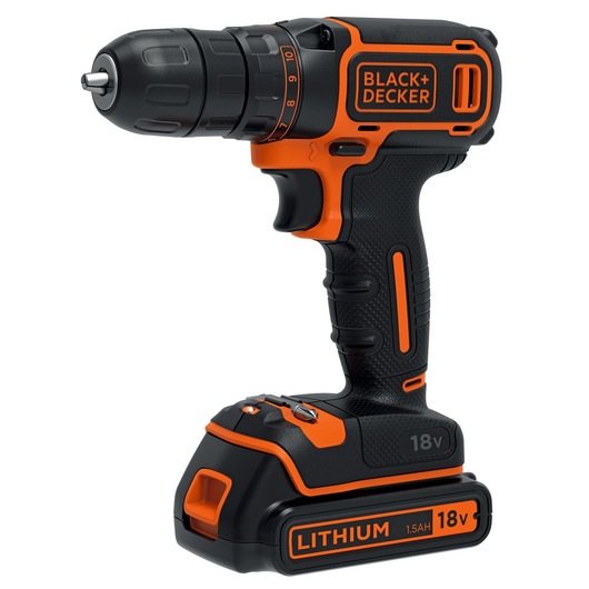 A BLACK+DECKER 18V cordless drill with a lithium-ion battery, shown in black and orange colors.