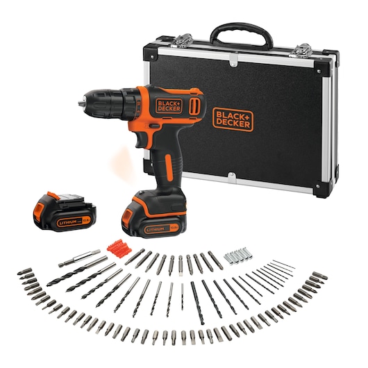 A BLACK+DECKER cordless drill set with a black case, two lithium batteries, various drill bits, screwdriver bits, and accessories displayed in front.