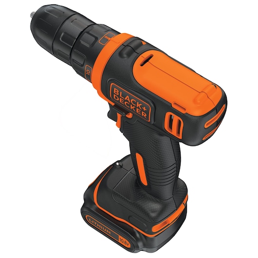BLACKDECKER BDCDD12K cordless drill, black and orange, angled view on white background.