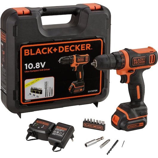 BLACK+DECKER BDCDD12K compact cordless drill driver kit with black and orange case, charger, bits, and accessories, front angle.