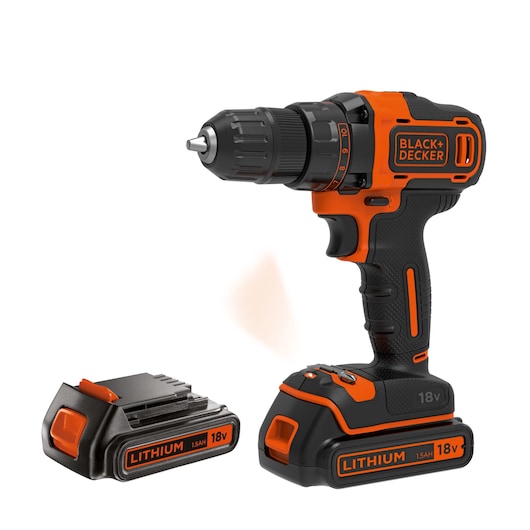 BLACK+DECKER cordless drill with an orange and black design, shown with 18V lithium-ion battery and a separate spare battery.