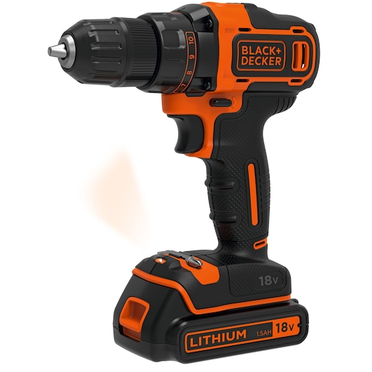 A BLACK+DECKER 18V cordless lithium-ion drill with a black and orange design, featuring a textured grip and adjustable settings on the motor head.
