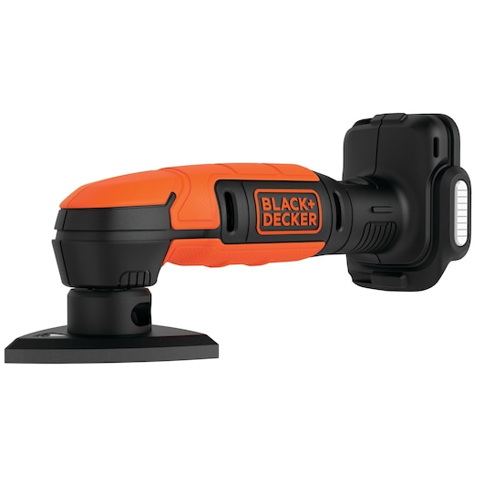 A BLACK+DECKER cordless multi-tool with an orange and black body, shown from a side angle against a white background.