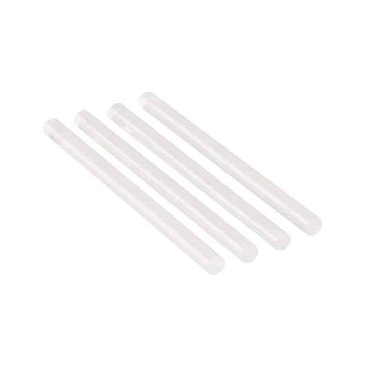 BLACKDECKER BDCGG12N clear glue sticks pack, four cylindrical adhesive sticks shown on white background, top view.