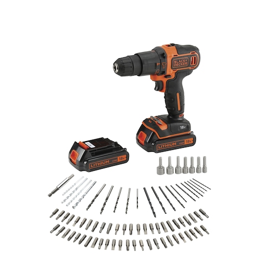 A BLACK+DECKER cordless drill with two 18V lithium batteries, various drill bits, screwdriver bits, and socket attachments arranged in front of the tool.