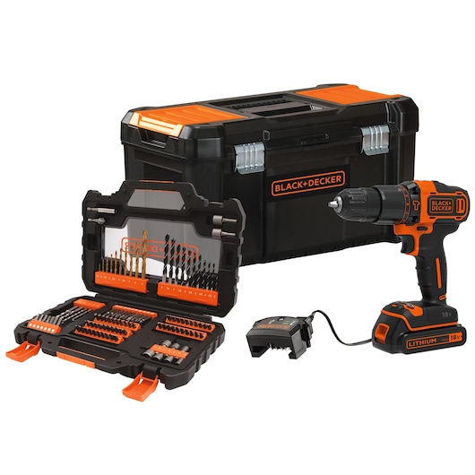 A BLACK+DECKER 18V cordless drill set with drill bits, screwdriver bits, charger, and a sturdy black and orange tool storage box.