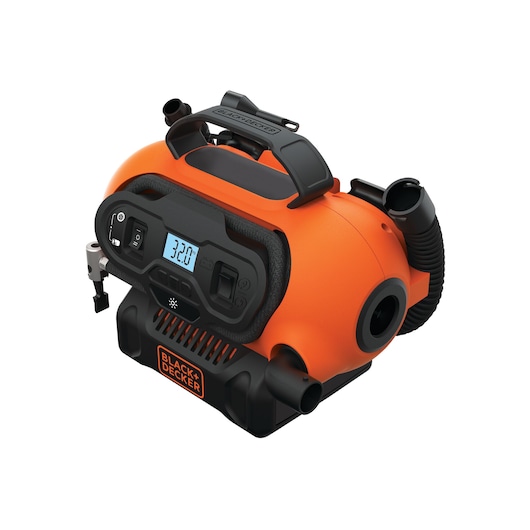 BLACKDECKER BDCINF18N portable orange air compressor with digital display, front angle.