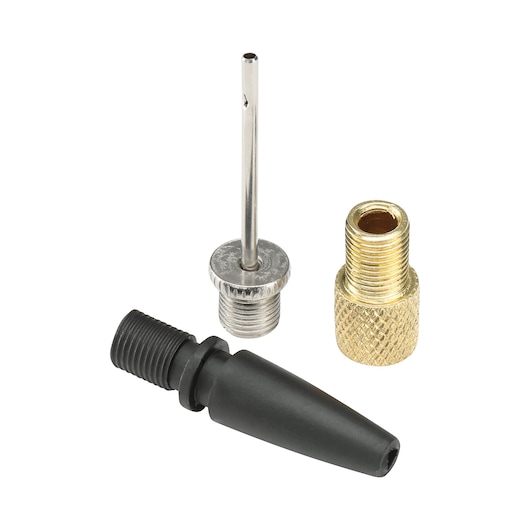 BLACKDECKER BDCINF18N inflation adapter accessory kit, black and metallic parts, front angle.