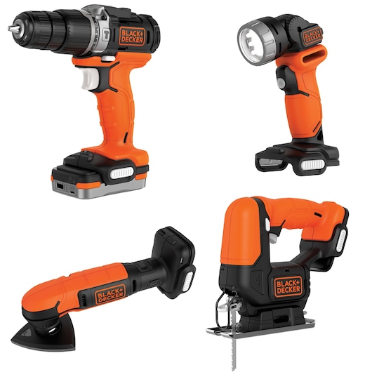BLACK+DECKER BDCK123S2S cordless drill, flashlight, sander, and jigsaw set, orange and black, white background.