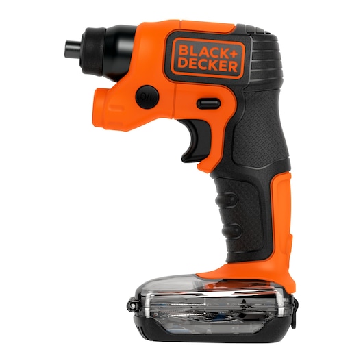 A BLACK+DECKER cordless electric screwdriver with an orange and black ergonomic handle and a transparent accessory compartment at the base.