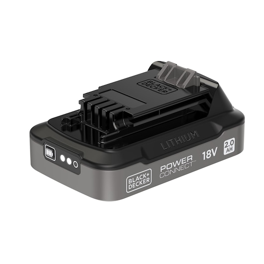 BLACK+DECKER BDL2018S lithium 18V 2.0Ah battery, black rectangular power tool battery with charge indicator, angled view.