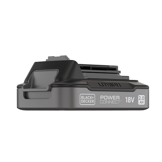 Side view of BLACK+DECKER 18V 2.0Ah lithium battery BDL2018S, black casing, white background.