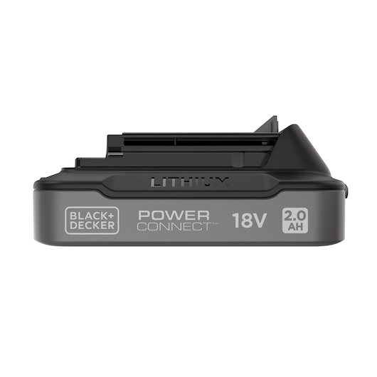 Photo of BLACK+DECKER BDL2018S lithium 18V 2.0Ah Power Connect battery, side view on white background.