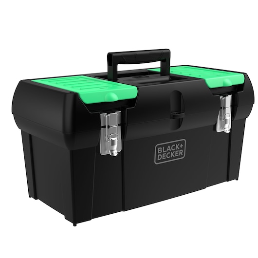 BLACKDECKER BDST60120 black toolbox with green lids and metal latches, front angle on white background