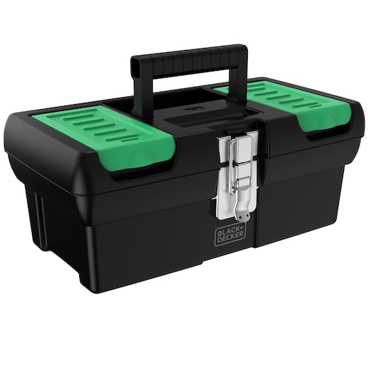 BLACK+DECKER BDST19120 black toolbox with green compartments and a central handle, front angle on white background.
