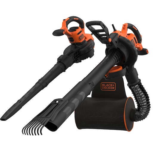 BLACK+DECKER BEBLV301 leaf blower and vacuum with collection bag, front angle, black and orange design.
