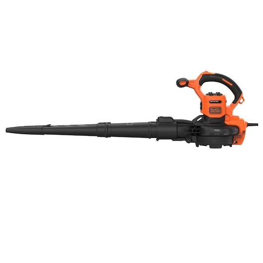 BLACKDECKER BEBLV301 orange and black corded leaf blower side view against white background.