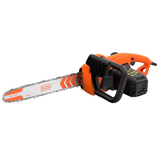 BLACK+DECKER electric chainsaw BECS2040, orange and black, 16-inch bar, side view on white background.