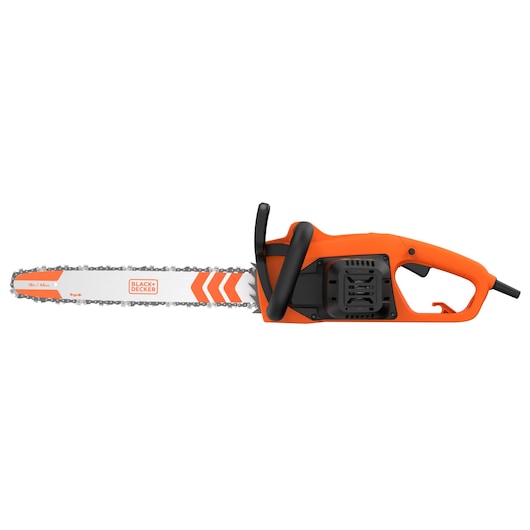 BLACK+DECKER BECS2245 electric chainsaw side view, orange and black body with 45cm bar.