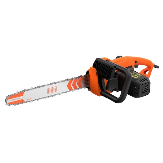 Photo of BLACK+DECKER BECS2245 electric chainsaw with orange and black body, visible bar and chain, white background.