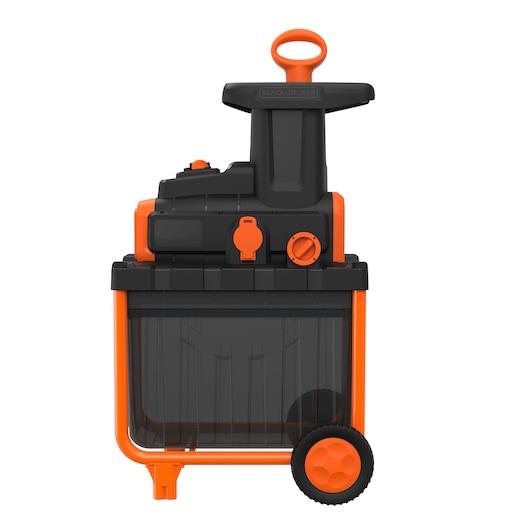 A BLACK+DECKER garden shredder with a black and orange design, featuring a large plastic collection box and wheels for portability.