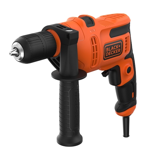 An electric orange and black BLACK+DECKER hammer drill with a side handle. The drill is corded and features a pistol grip and textured handle for secure use.