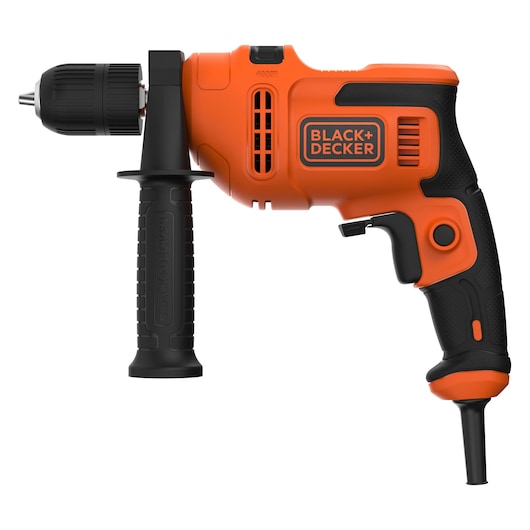 BLACK+DECKER orange corded drill with side handle, shown from the side against a white background.
