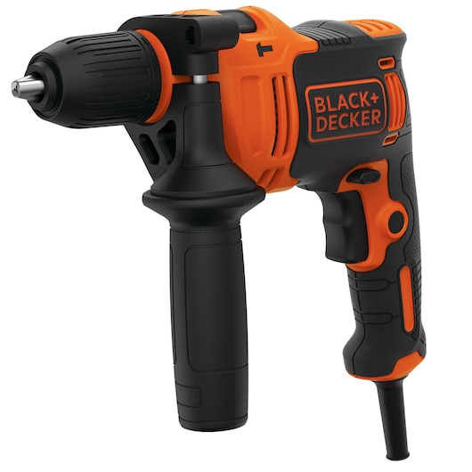 BLACK+DECKER BEH710K corded hammer drill, orange and black, right side angle, photography.