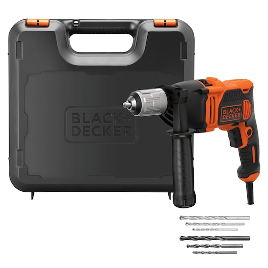 Photo of BLACK+DECKER BEH850K corded hammer drill with case and six drill bits, shown from the front on white background.