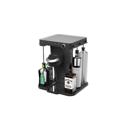 BLACKDECKER cocktail maker BEHB101 front angle with liquor bottles on white background.