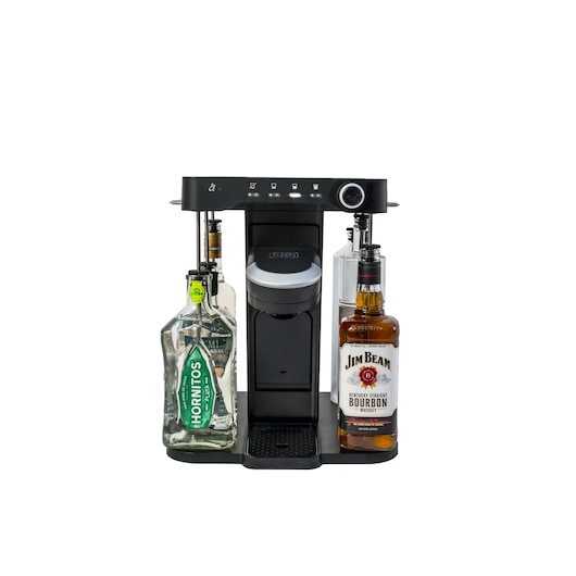 BLACKDECKER BEHB101 cocktail maker front view with liquor bottles attached on both sides.