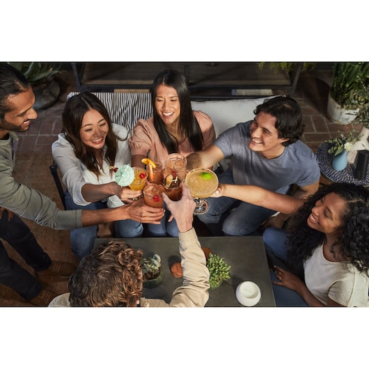 BEHB101 photography showing a group of people raising cocktails in a toast around a table indoors.