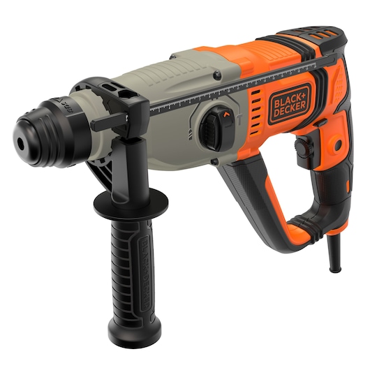 A BLACK+DECKER electric rotary hammer drill with an ergonomic handle, auxiliary side handle, and control dial, shown in orange, black, and grey colors.