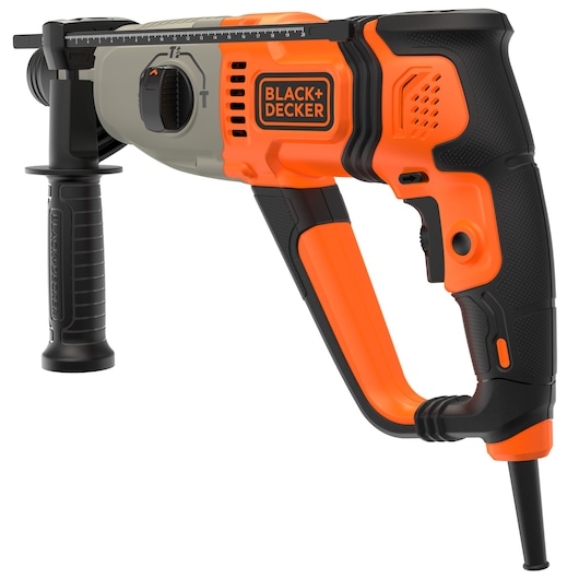 BLACK+DECKER corded electric hammer drill with a side handle, orange and black design, and visible adjustment dial.