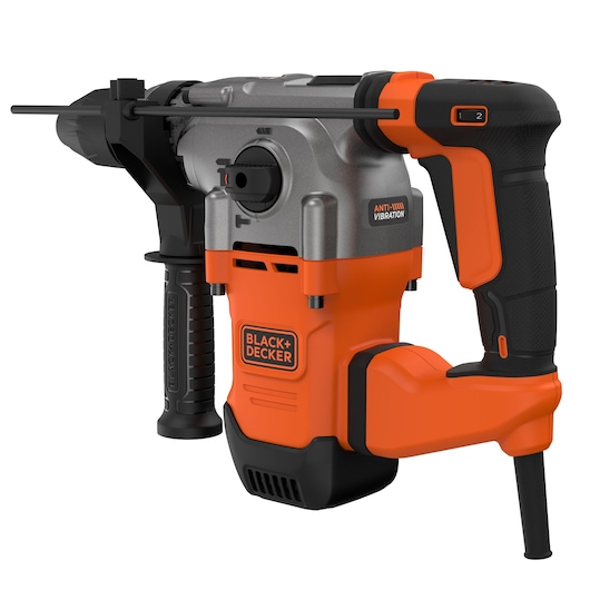 A BLACK+DECKER electric rotary hammer drill, model BEHS03K, featuring an anti-vibration system, an ergonomic handle, and an orange and black design.
