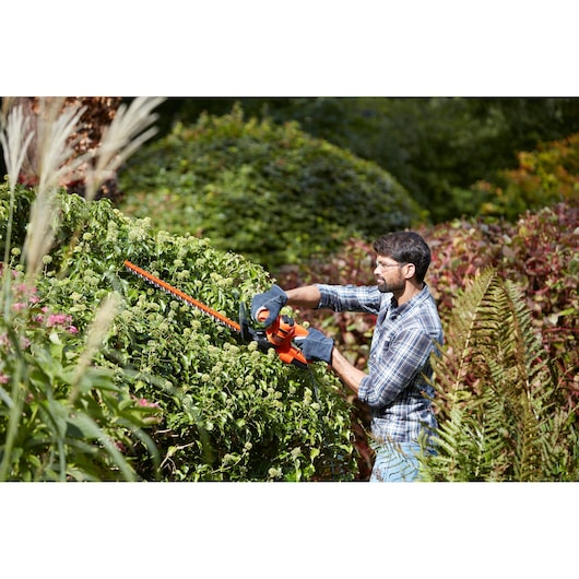BLACKDECKER BEHT201 hedge trimmer used outdoors for trimming green bushes.