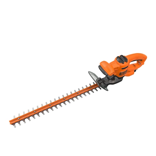 BLACKDECKER BEHT251 orange electric hedge trimmer, side angle on white background.