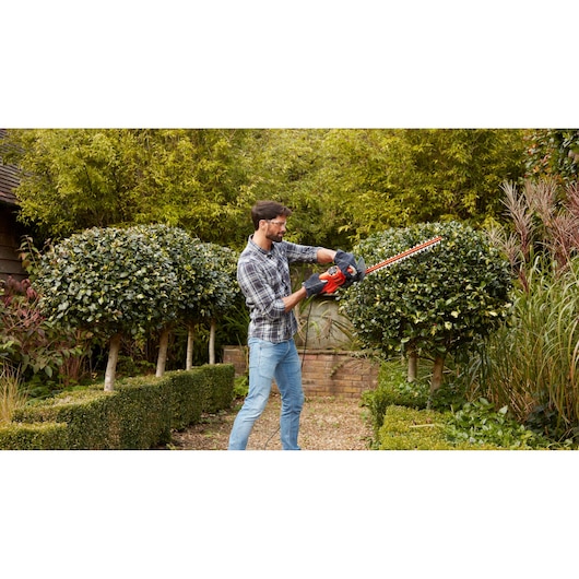 Person using BLACKDECKER BEHT251 hedge trimmer in a garden, trimming round topiary bushes.