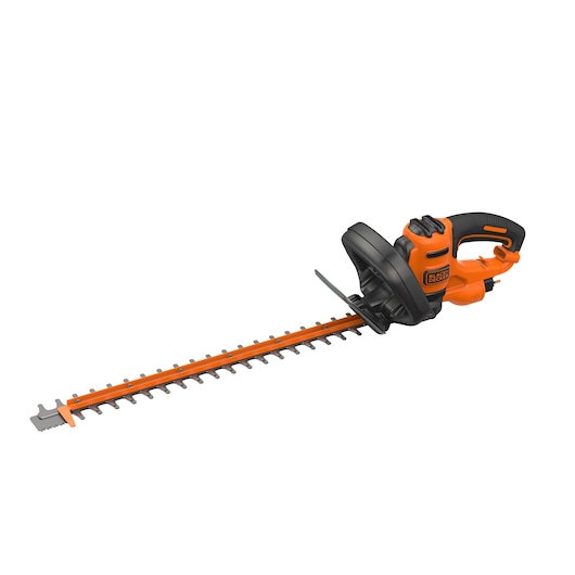 BLACKDECKER BEHTS401 orange and black electric hedge trimmer, side angle, white background.