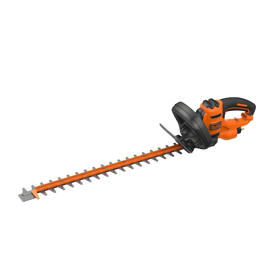 A BLACK+DECKER electric hedge trimmer with an orange and black design, featuring a long blade and ergonomic handle.