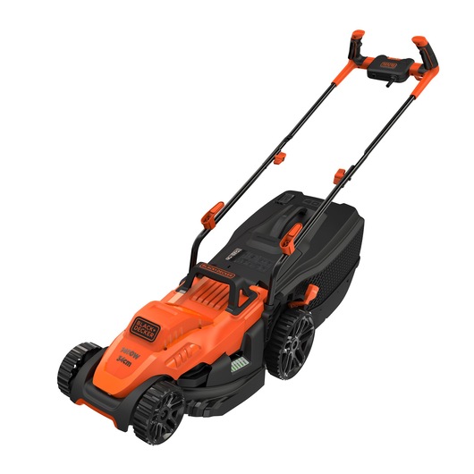 BLACKDECKER BEMW461BH orange and black electric lawn mower, side angle on white background.