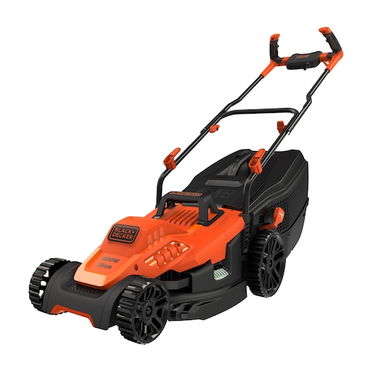 BLACKDECKER BEMW471BH orange and black electric lawn mower, side angle, large wheels, ergonomic handle.