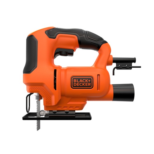 BLACK+DECKER BES603 jigsaw, orange and black, side angle on white background.